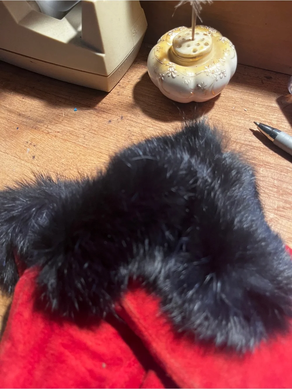 Genuine, red suede leather with rabbit fur!!